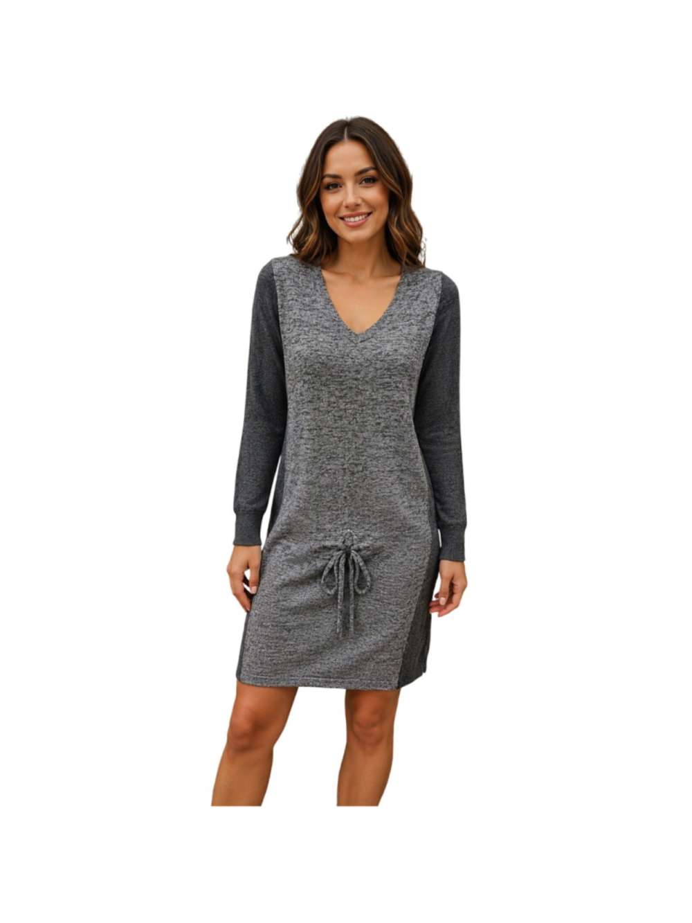 J.crew Merino wool blend grey sz M sweater tunic dress v neck tie cinch waist